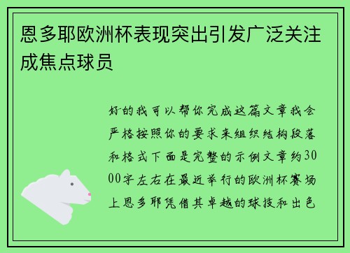 恩多耶欧洲杯表现突出引发广泛关注成焦点球员