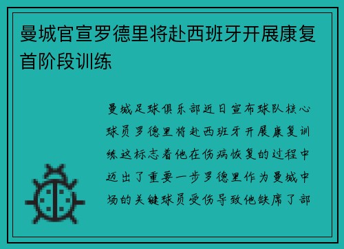 曼城官宣罗德里将赴西班牙开展康复首阶段训练
